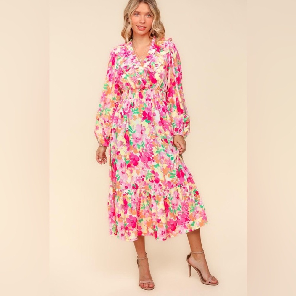 Floral Surplice Balloon Sleeve Dress with Side Pockets - Picture 6 of 6